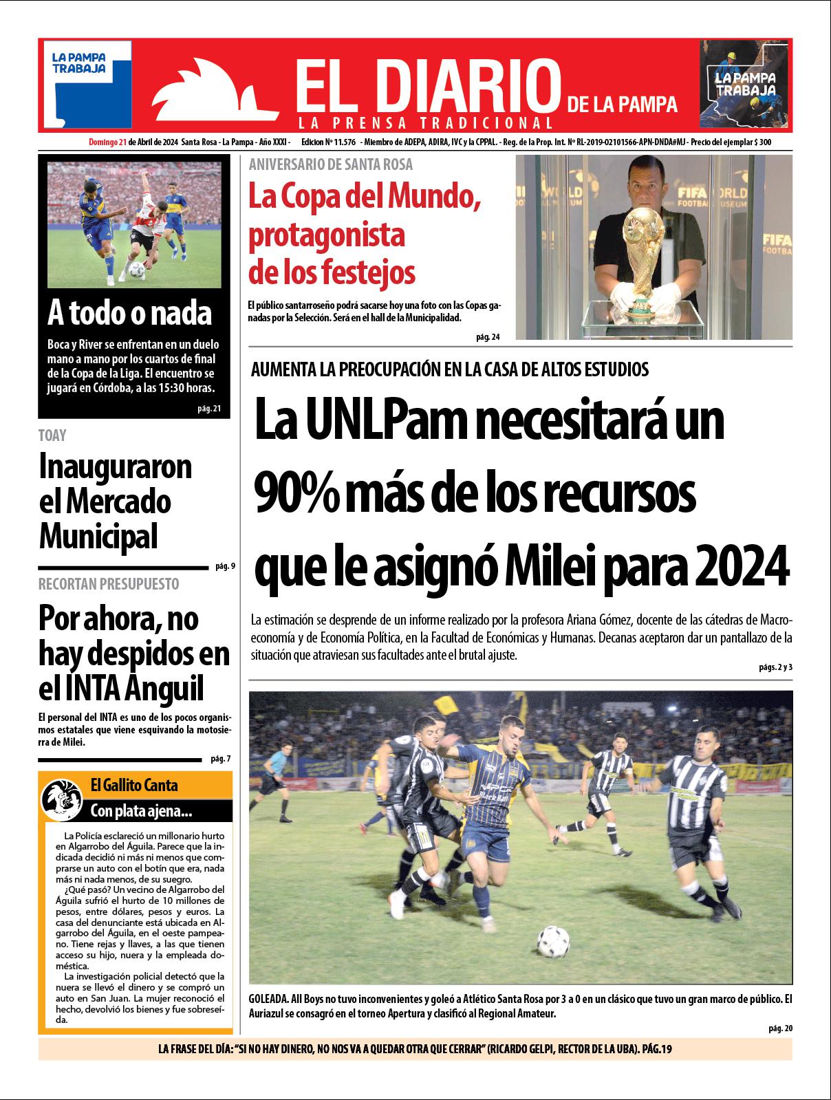 Tapa de El Diario en papel  domingo 21 de abril de 2024